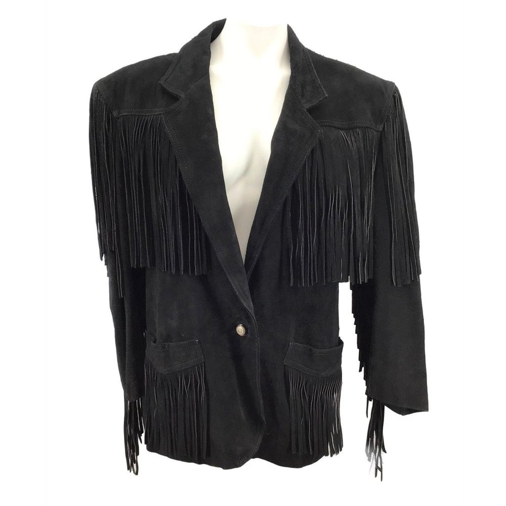 Vintage 90s Fringe Leather Jacket Size Large Black